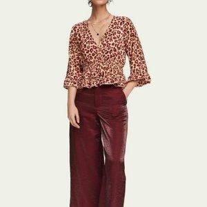 Ruffle V-Neck Peplum Blouse in Leopard Print